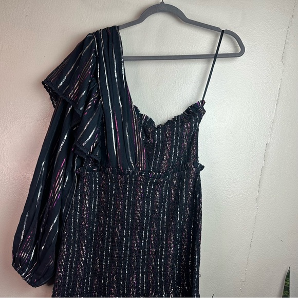 Farm Rio Lurex Stripes Mini Dress One Shoulder Statement Sleeve Sz Med - Picture 7 of 13